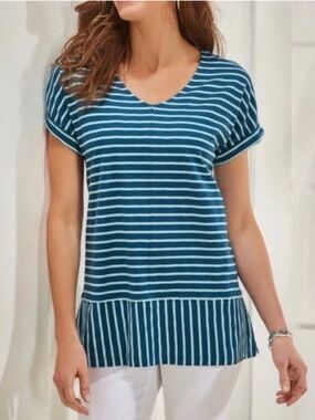 Soft Surroundings XL Bali breeze green striped cotton cap Sleeve softcore top